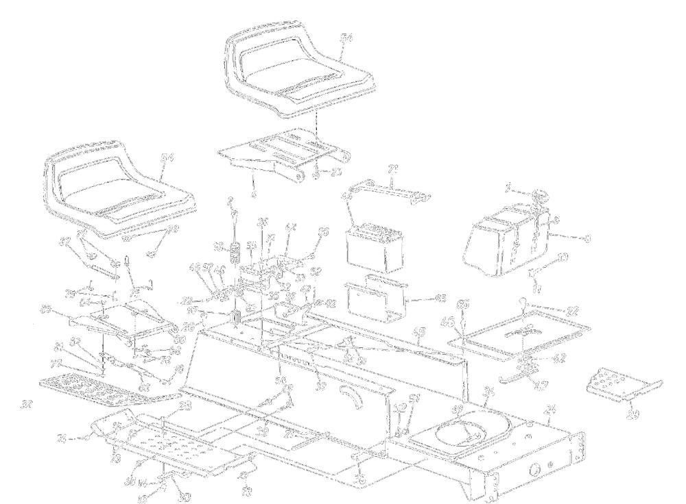 Seat, Fuel Tank, Battery, Frame Diagram and Parts List for 13AM675G062 2001 Yard Machines Lawn Tractor
